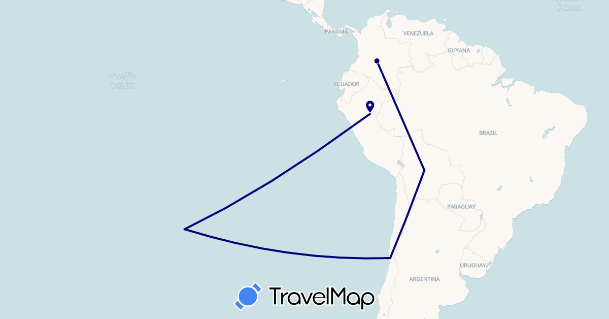 TravelMap itinerary: driving in Bolivia, Chile, Colombia, Peru (South America)